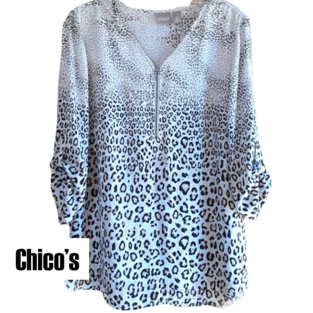 CHICOS Animal Print Zip Front 3/4 Sleeve Top Size 1